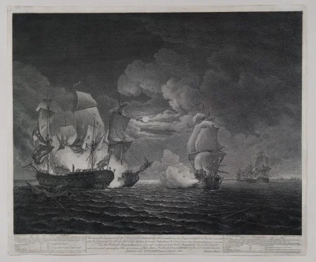 The Memorable Engagement of Capt'n Pearson of the Serapis, with Paul Jones of the Bon Homme Richard & his Squadron, Sept. 23, 1779, engraving by Daniel Lerpinière (published in London, 1781). Purchased with funds provided by Daniel K. Chandler and Neysa M. Slater-Chandler, 2011 (M-5261).
