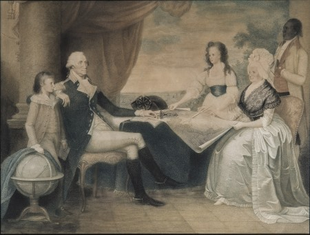 Washington ordered four prints of Savage's engraved portrait of the Washington family, hanging one in the family dining room at Mount Vernon. The Washington Family, engraved by Edward Savage, published by Robert Wilkinson, 1798 (MVLA)
