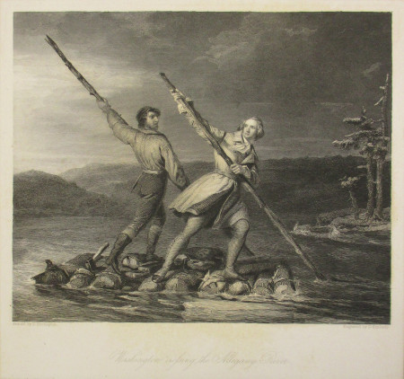 A 19th-century engraving of a young George Washington, "Washington Crossing the Allegany River," late 19th century, Denis Kimberly [WB-6A1]. (MVLA)