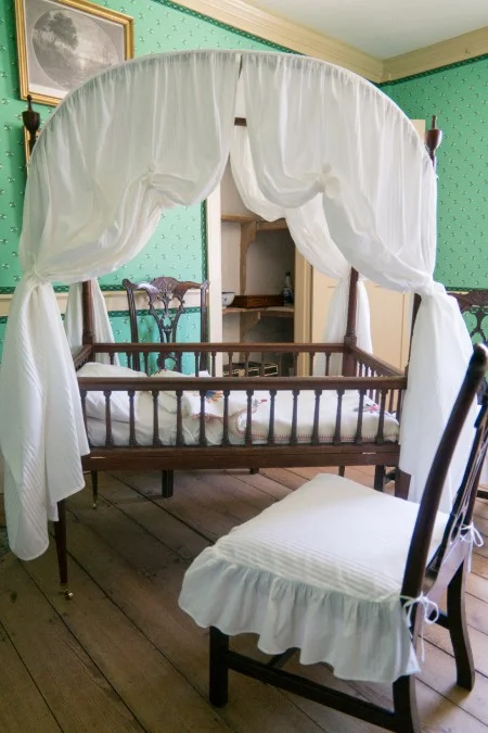 The original crib given by Martha Washington to Nelly Custis Lewis, for the birth of her first child, Frances Parke Lewis, at Mount Vernon. Bequest of Marie Conrad Lehr, 1922 [W-237]. 
