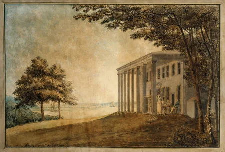 View of Mount Vernon with the Washington Family on the Piazza, July 16, 1796, Benjamin Henry Latrobe, MVLA, W-5307, Purchased with funds provided in part by an anonymous donor, 2013.