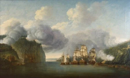HMS Phoenix, Roebuck and Tartar, accompanied by three smaller vessels, forcing a passage of the Hudson River with the Forts Washington and Lee and several batteries on both sides. Thomas Mitchell  (1735–1790). Courtesy National Maritime Museum.