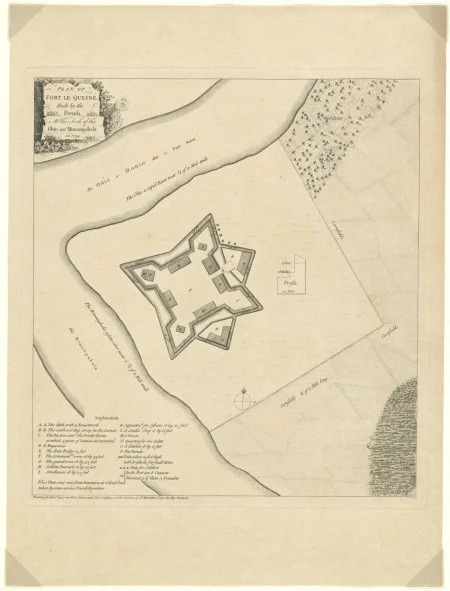 Robert Stobo, Plan of Fort le Quesne, built by the French at the fork of the Ohio and Monongahela in 1754, [1768]. In 1754, French soldiers constructed Fort Duquesne at the confluence of the Allegheny and Monongahela rivers to control access to the North American interior. In the spring, George Washington led 300 Virginia troops toward the fort with orders from the Virginia governor to drive the French out. Washington's skirmish with French forces at Jumonville Glen in May triggered the French and Indian War, which sparked the global Seven Years' War. The British and French fought vigorously for control of Fort Duquesne during the conflict. Eventually, the French abandoned and burned the fort. The victorious British constructed Fort Pitt on its ashes. Richard H. Brown Revolutionary War Map Collection, MVLA. (Digital image provided by the Leventhal Map & Education Center.)