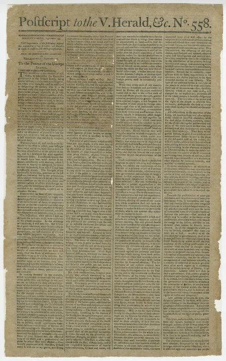 Printed copy of Washington's Farewell Address published in the Vermont Herald.