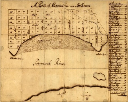 At Alexandria’s founding in July 1749, the town held its first sale of lots, and George Washington created a map showing the street grid in the new city. Geography and Map Division, Library of Congress.