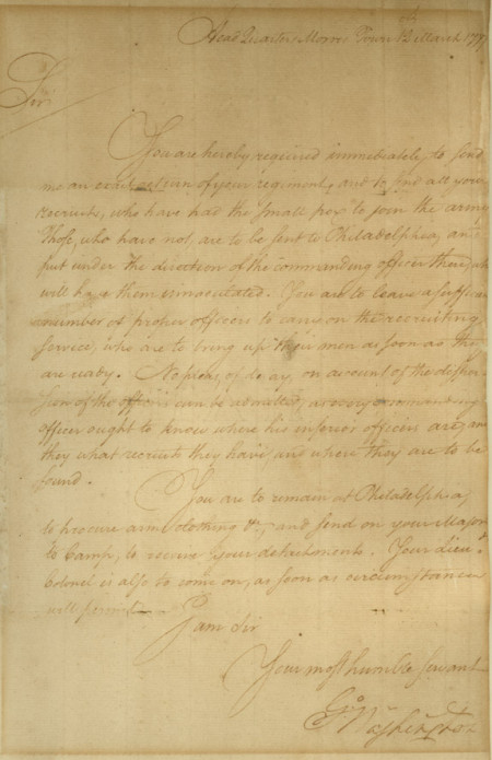 George Washington orders soldier to receive smallpox inoculations. George Washington to David Grier, March 12, 1777. [RM-1171; MS-5907]. (MVLA)