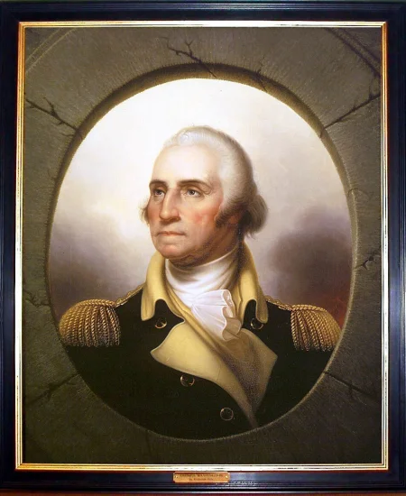 A portrait of George Washington that would be placed in classrooms nationwide through the George Washington Goes Back to School project initiated by Mrs. Gaines. MVLA. 