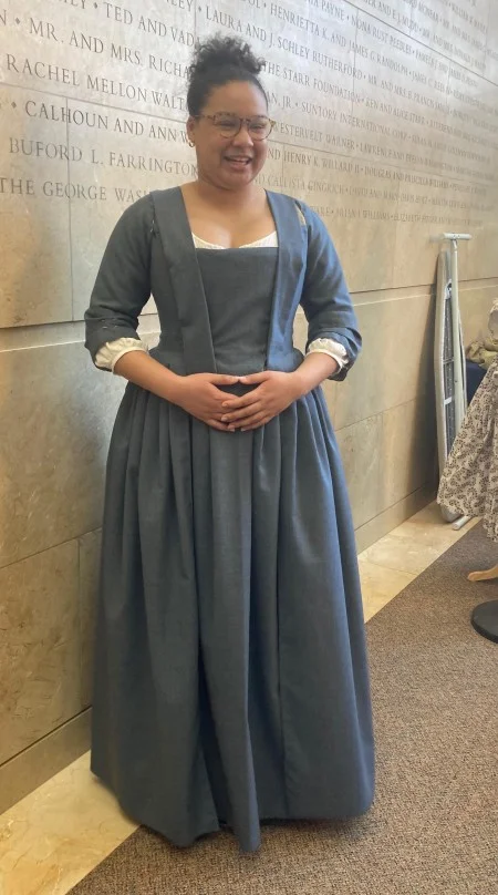 A plain English gown, also called a “night gown,” was made from a slate blue worsted wool for Timbila Kabre, a character interpreter portraying American poet Phillis Wheatley. (MVLA)