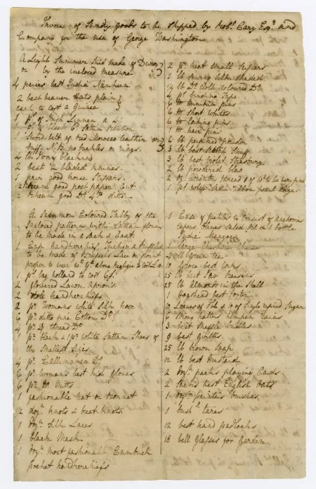 Invoice of sundry goods to be shipped by Robt. Cary Esqr. and Company for the use of George Washington, 1759 September 20 (MVLA)