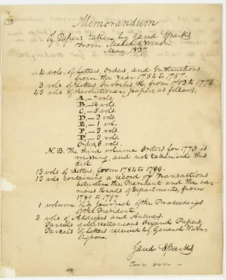 Memorandum of papers taken from Mount Vernon by Jared Sparks, 1827 May (MVLA)