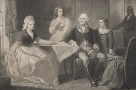 Martha lost legal rights when she married Washington but continued to be a partner with great influence over decisions about land, money, and enslaved people. "Washington and His Family," engraved by William Sartain, after Christian Schussele, 1864. (MVLA)