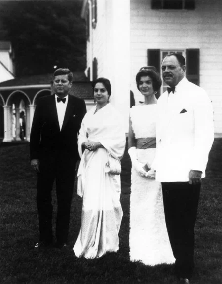 President John F. Kennedy and Mrs. Jacqueline Kennedy with President Mohammad Ayub Khan of Pakistan and his daughter, Begum Nasir Akhtar Aurangzeb (MVLA)