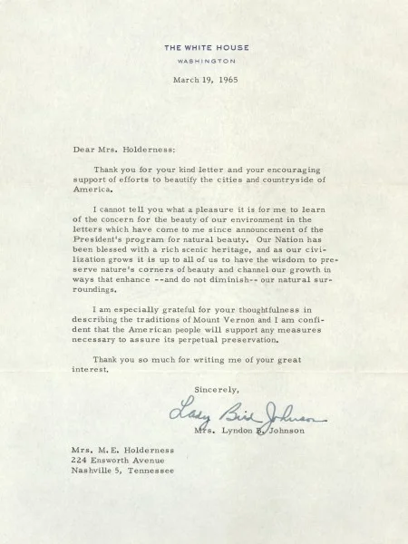 Letter, Lady Bird Johnson to Eunice Holderness, Vice Regent for Tennessee, March 19, 1965 (MVLA)
