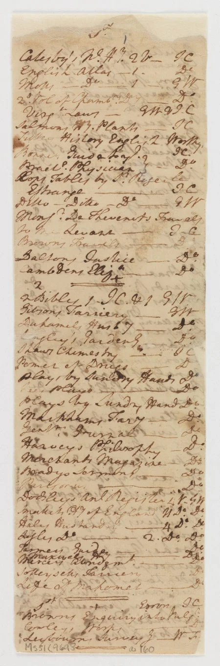 George Washington, "List of Books at Mount Vernon," ca. 1764, Virginia Museum of History & Culture.