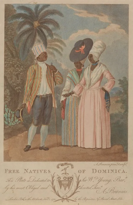 This 1780 painting by Agostino Brunias depicts Dominica natives wearing head coverings similar to that of the mystery portrait. ("Free natives of Dominica," Agostino Brunias. 1780. Courtesy Yale Center for British Art.)