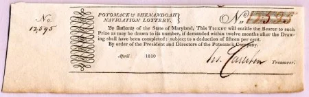Potomack & Shenandoah Navigation Lottery Ticket 