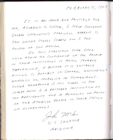 Senator John McCain's 1987 note in the book reserved for those senators chosen to read Washington's Farewell Address in the U.S. Senate.