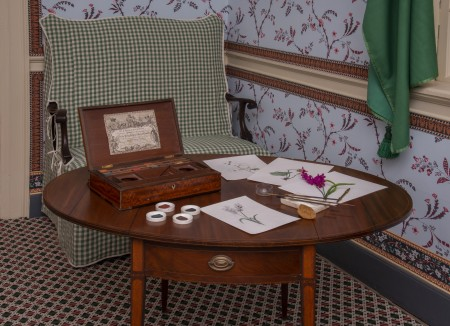 The Little Parlor arranged for water coloring on a larger Pembroke table, 2023.