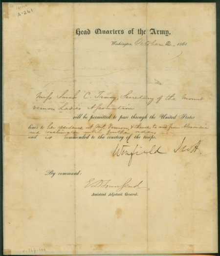 Military pass for Sarah Tracy, secretary of the Mount Vernon Ladies' Association. Using a similar pass in 1861, Tracy successfully smuggled thousands of dollars in contraband bills and bonds through military lines to a D.C. banker—part of the payment to purchase Mount Vernon. (MVLA)