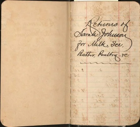 Ledger, "Produce, The Returns of Sarah Johnson for milk, ice, butter, poultry, etc.," 1885-1889 (MVLA)