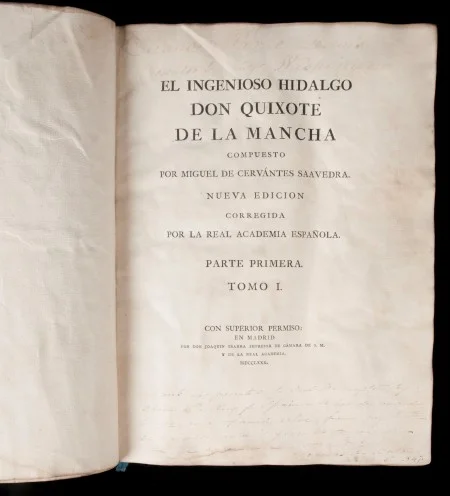 Title page of Washington’s Spanish edition of “Don Quixote,” commissioned by the Real Academia de la Lengua and gifted by Spanish Ambassador Don Diego de Gardoqui in 1787. (MVLA)