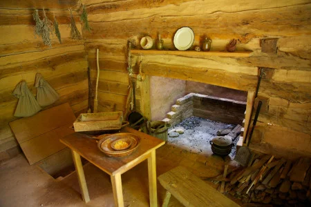 Fireplace found inside the replica slave cabin at Mount Vernon. MVLA