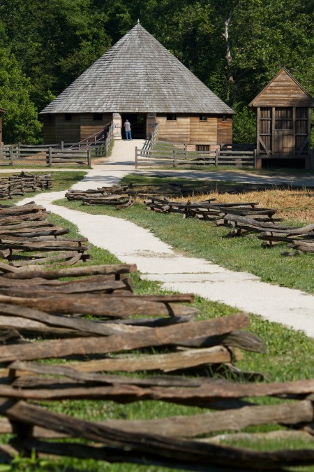 The fully working recreation of Washington's 16-sided treading barn.