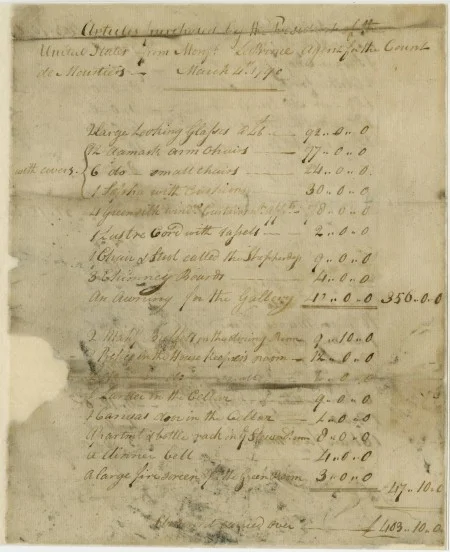 Invoice, Articles purchased by the President of the United States from Monsr. Le Prince Agent for the Count de Moustiers, 1790 March 4. (MVLA)
