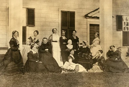Regent Ann Pamela Cunningham and members of the Mount Vernon Ladies' Association pose for a photograph near the east front of the Mount Vernon Mansion, 1870. Photographer Alexander Gardner. (MVLA)