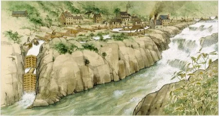 Illustration by William H. Bond of what Matildaville (near Great Falls) would have become once the canal was in place. (National Geographic Society)