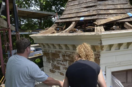 Mount Vernon's preservation team working to assess the North Garden House, MVLA.