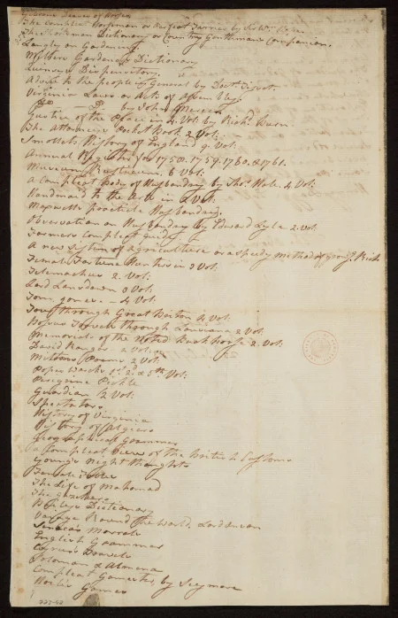 Lund Washington, "List of Books at Mount Vernon," July 23, 1783, Library of Congress.