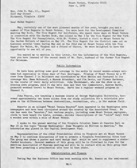 An excerpt from the MVLA's 1979 Council Minutes, in which the "Mount Vernon Monster" is addressed. (MVLA)