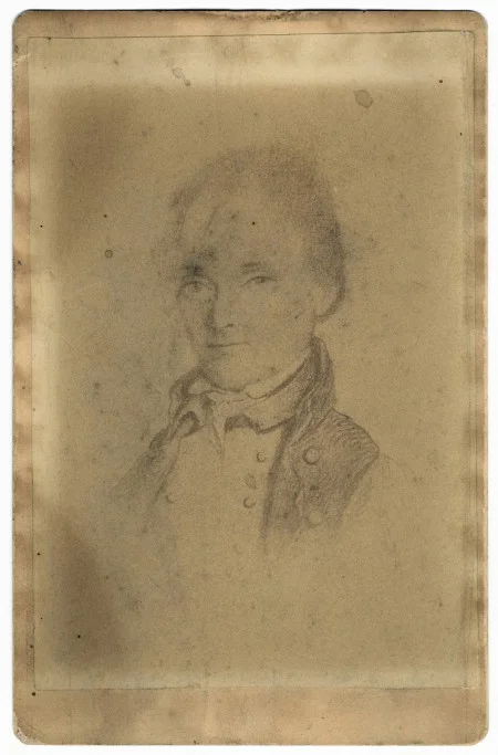 Cabinet card of West Ford, 19th century. This faded cabinet card (photograph pasted onto a cardboard backing) features a sketch of West Ford by an unknown artist. The original sketch was likely made in the early 19th century, when Ford was in his 20s or 30s. MVLA, Gift of Mrs. John Beebe, 1985