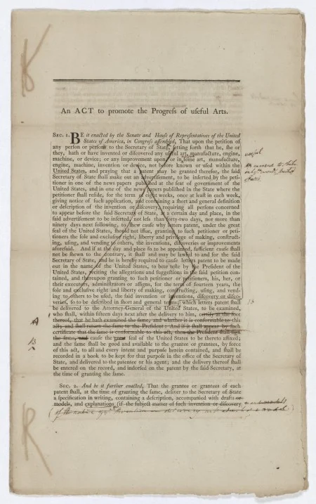 Draft of the Senate version of the Patents Act, March 11, 1790. Records of the U.S. Senate, National Archives.