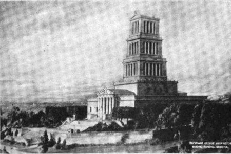 This 1922 photograph Corbett's model of the George Washington Masonic National Memorial shows clear differences in the design of the tower and landscaping from the final building (Wikimedia)