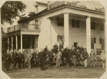 Photograph of Count of Paris and group of dignitaries on the east lawn of the Mansion, 1890. (MVLA)