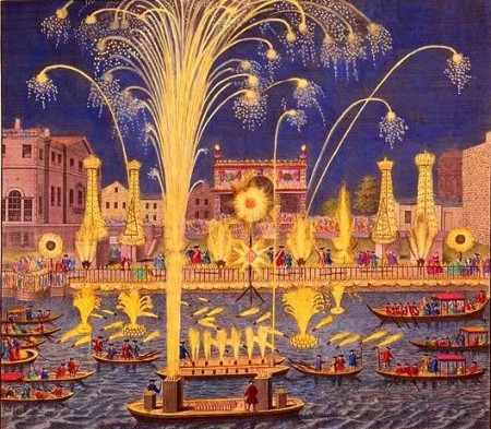 “A view of the fire-workes and illuminations at his Grace the Duke of Richmond’s at Whitehall and on the River Thames on Monday 15 May, 1749.” Wikimedia.