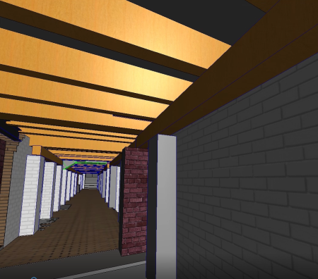This digital rendering depicts the cellar in its current state. The 19th- and 20th-century brick piers, most of which will be removed, appear in white. (MVLA)