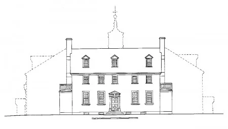The Mansion at the completion of the 1758 expansion.  The exterior door in the Blue Room provided access to the roof of the one-story closet on the left of this image.