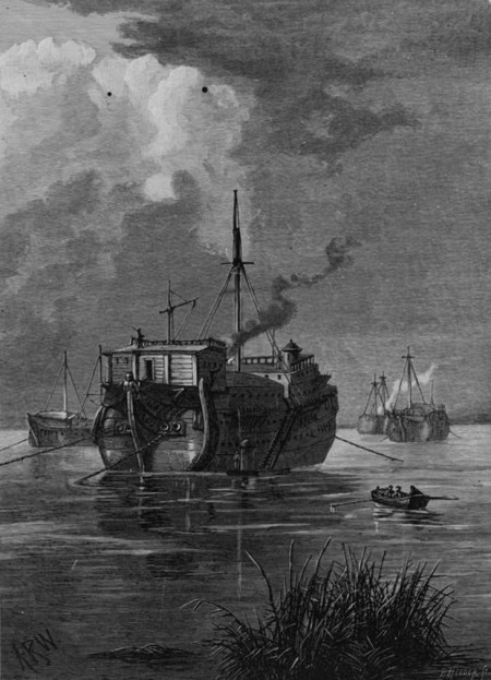 Illustration showing the British prison ship "Jersey" anchored in harbor. Engraving by Philip Meeder. (Library of Congress)