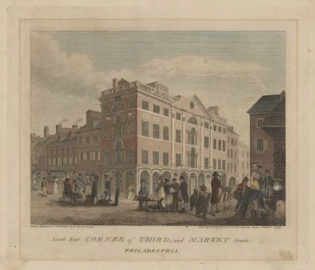 South East Corner of Third and Market Streets, Philadelphia, by William Birch and Sons, 1799, Yale University Art Gallery. Mabel Brady Garvan Collection.