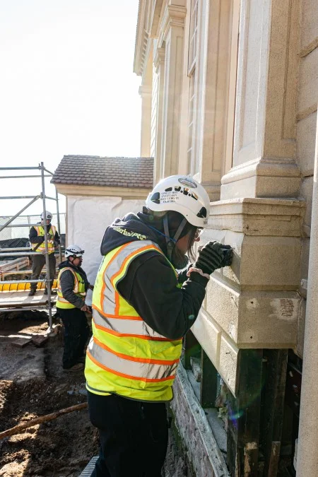 Additionally, the removal of the siding allowed the team to see the repairs made to the framing Venetian window in the early 1930s. This crucial work assured the survival of the north end relatively intact. (MVLA)