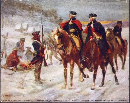 George Washington and Marquis de Lafayette on horseback at winter quarters in Valley Forge. Library of Congress.