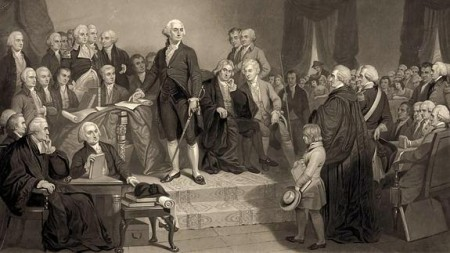 Washington delivering his inaugural address April 1789, in the old city hall, New-York / painted by T.H. Matteson. Library of Congress. 