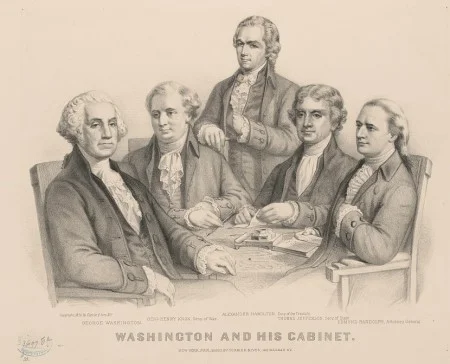 From left: George Washington, Henry Knox, Alexander Hamilton, Thomas Jefferson, and Edmund Randolph.
Washington and His Cabinet, Currier & Ives, Library of Congress.