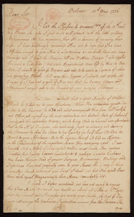 William Fairfax to George Washington, May 13-14, 1756, Courtesy of the Manuscript Division, Library of Congress