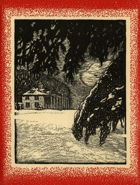 Woodcut, “Mount Vernon in setting of snow and evergreen,” by Worth Bailey, ca. 1948 (MVLA)