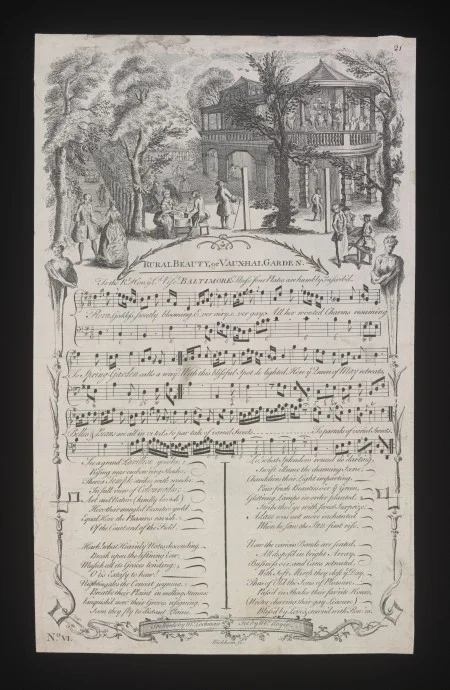 18th -century music sheet, engraved by George Bickham. London, England. Steel engraving on paper. The Gabrielle Enthoven Collection, The Victoria & Albert Museum, London.
