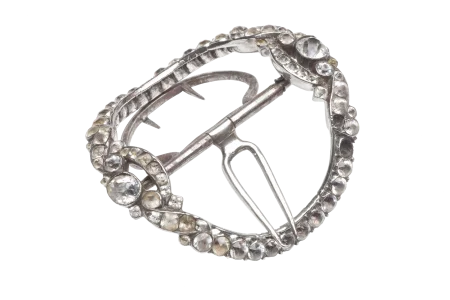 Shoe buckle, which may have been worn by Martha Washington, ca. 1760 - 1780. England. Silver, glass, and iron. Gift of Leila Garnett Burdett Daingerfield in the name of Edward Abbott Burdett. The Mount Vernon Ladies' Association.